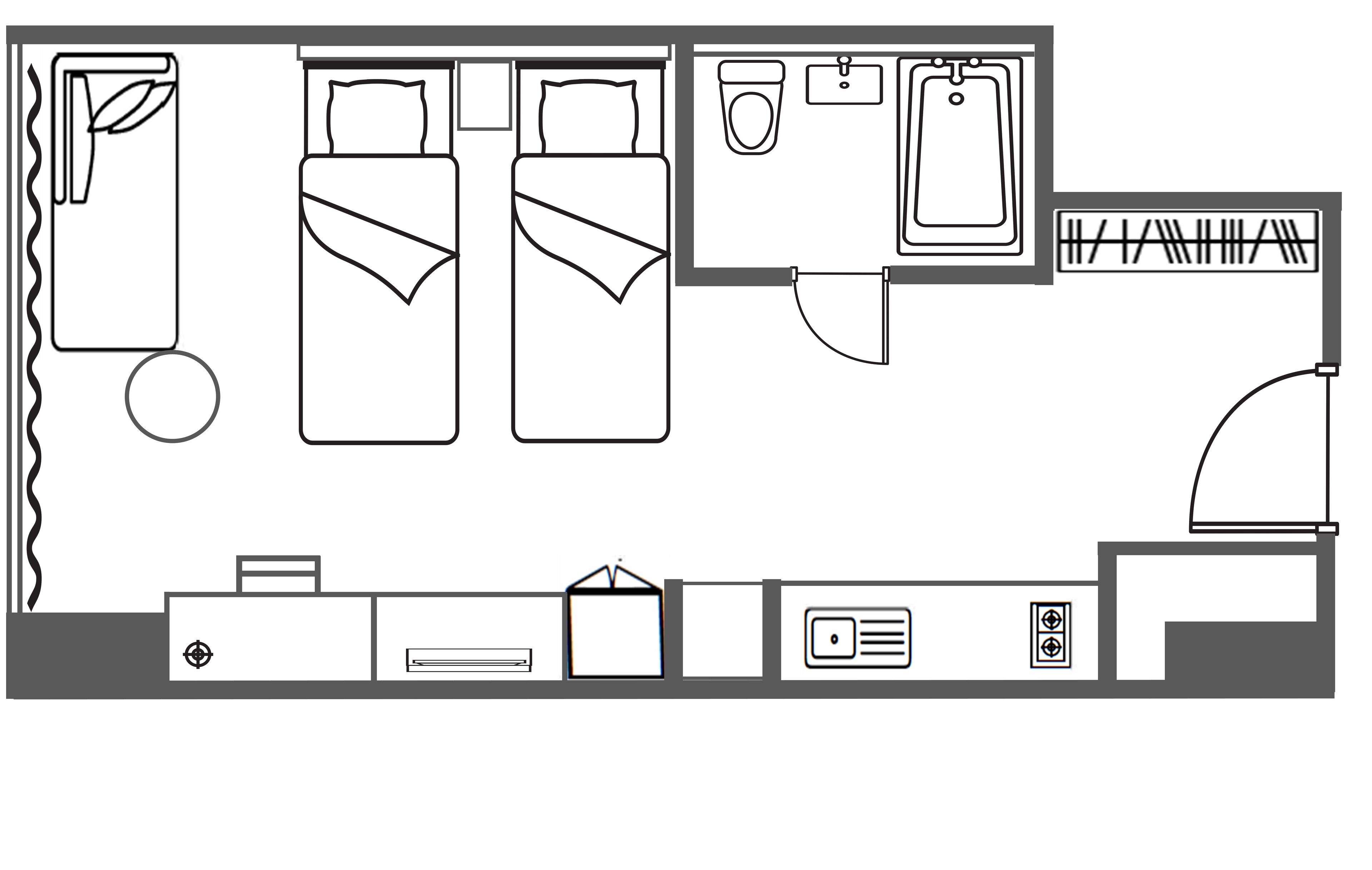 A hotel room layout with two beds, a bathroom, and a kitchenette.