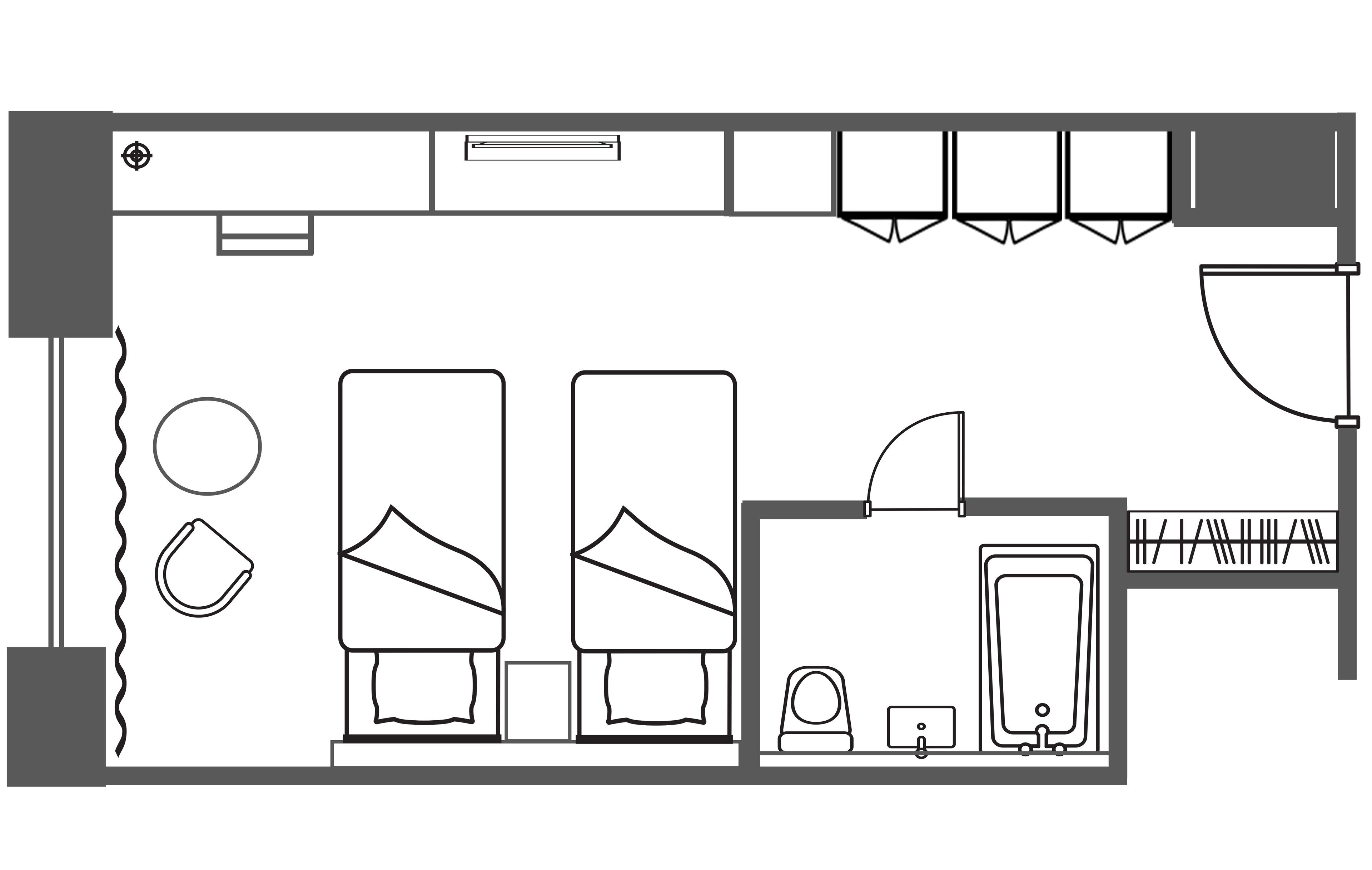 A hotel room layout with two beds, a bathroom, a kitchenette, and a small sitting area.