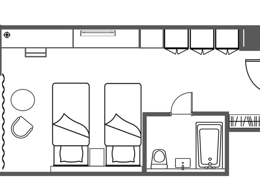 A hotel room layout with two beds, a bathroom, a kitchenette, and a small sitting area.