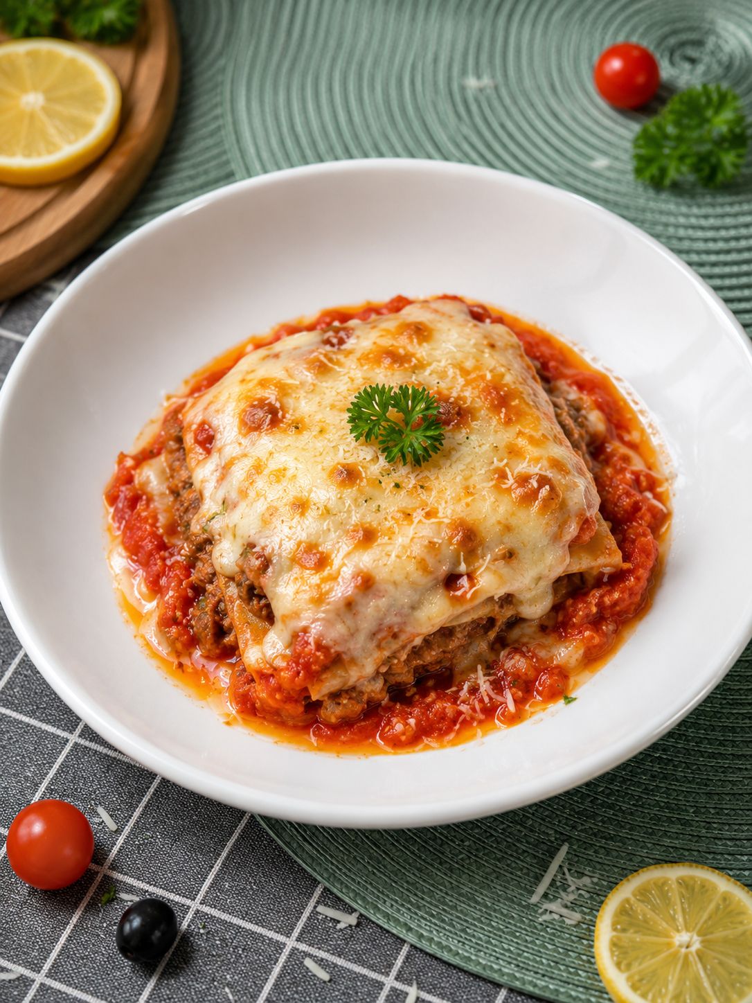 A plate of lasagna with a garnish on top, placed on a table with a checkered tablecloth.