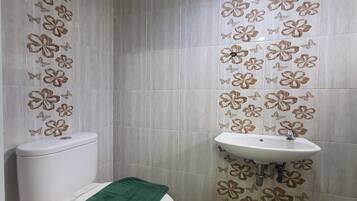 Shower, free toiletries, hair dryer, towels