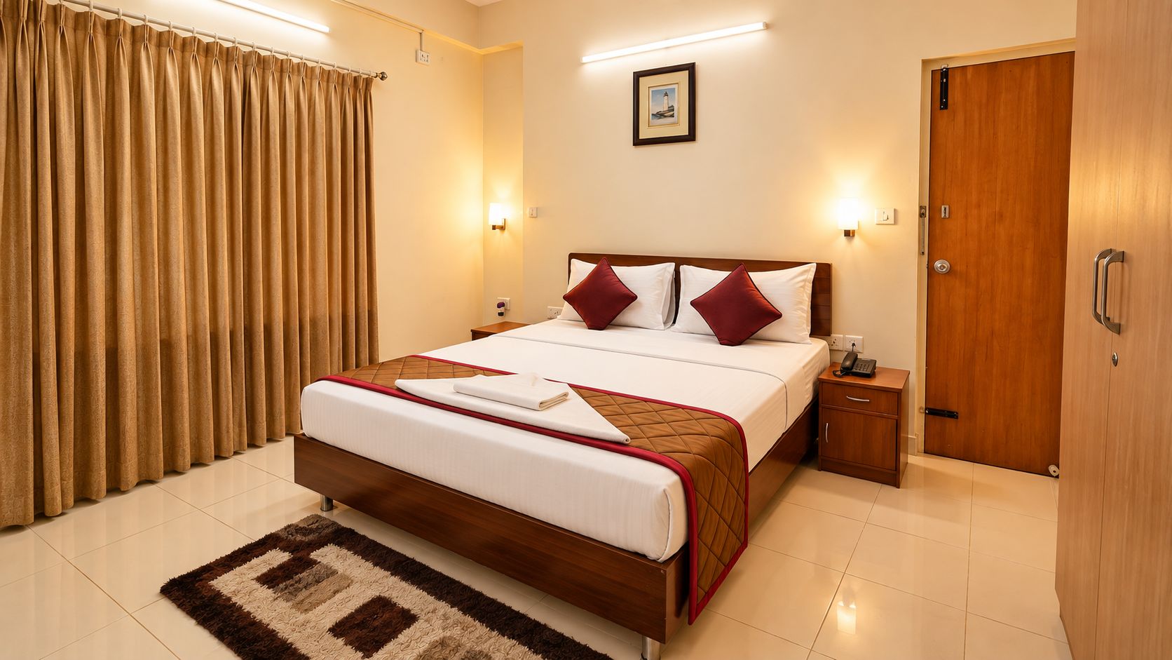 Une chambre d’hôtel avec un lit, une table de chevet et une porte.