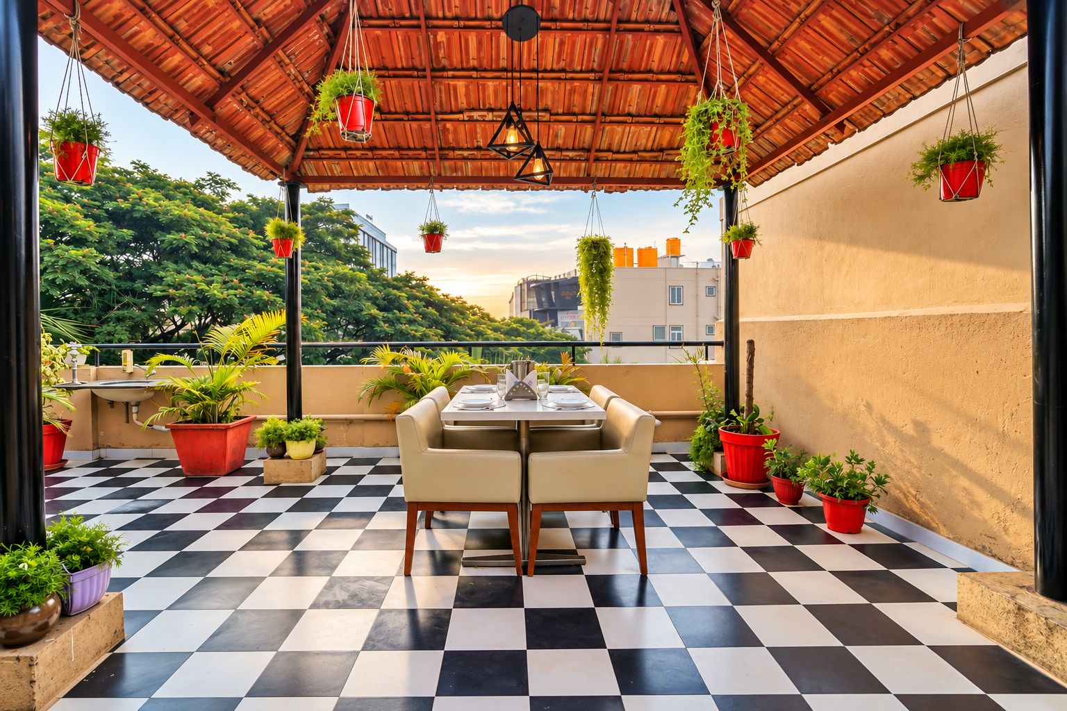 Una terraza en la azotea con suelo a cuadros, una mesa lista para dos personas y plantas en macetas.