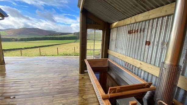 Um deck de madeira com vista para um campo verde e montanhas.