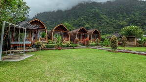 Un hilero de cabañas de madera con un césped y plantas tropicales al frente.