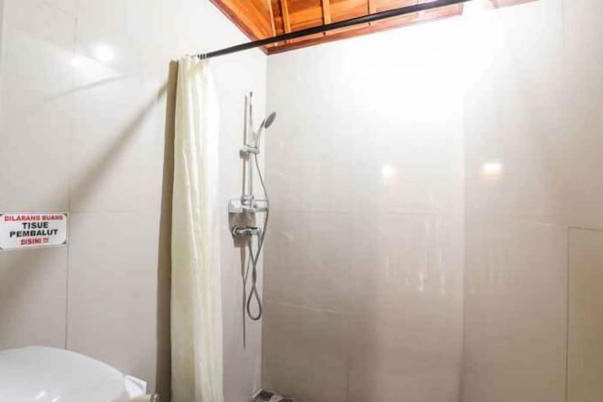 Shower, rainfall showerhead, bidet, towels