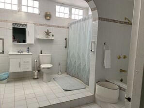 Casa de banho com sanita, lavatório, chuveiro e uma decoração com estrela-do-mar.
