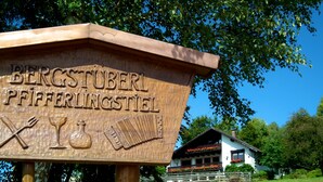 Une enseigne en bois, ornée de symboles sculptés et d’une inscription, indiquant qu’il s’agit d’un établissement suisse traditionnel.