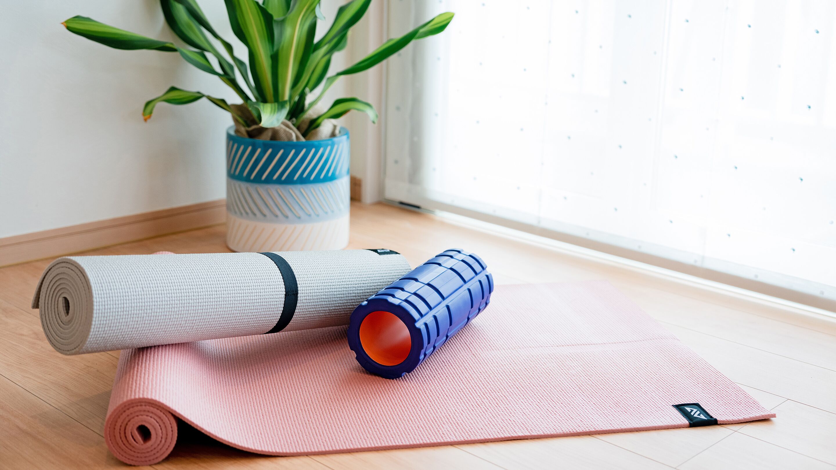 A yoga mat, a rolled-up yoga mat, and a yoga block on a wooden floor with a potted plant in the background.