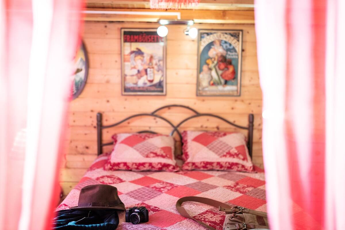A wooden cabin-style room with a bed, two pillows, a camera, and a hat on the bed.