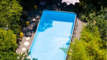 Vista aérea de una piscina rodeada de árboles y sombrillas.