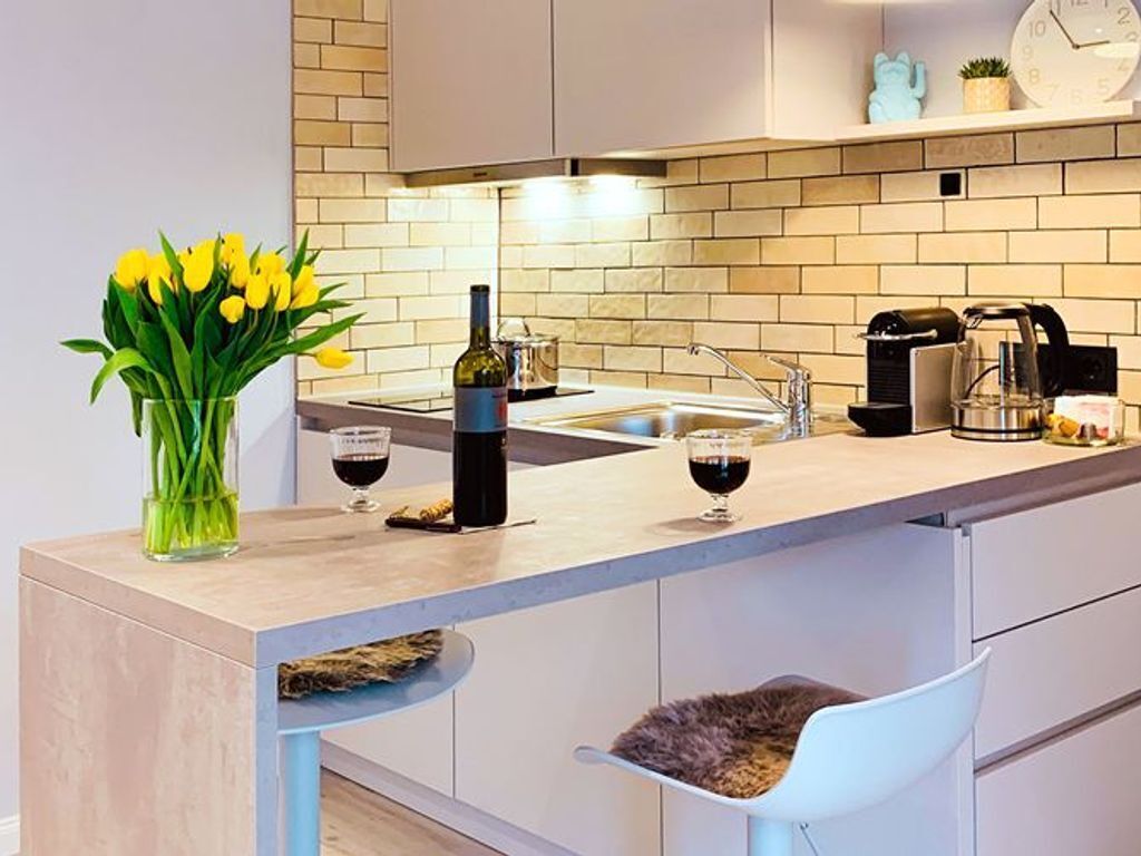 Smart Apartment Cashmere - Küchenzeile mit zwei Induktionskochfeldern, einer Spüle und Kühlschrank
