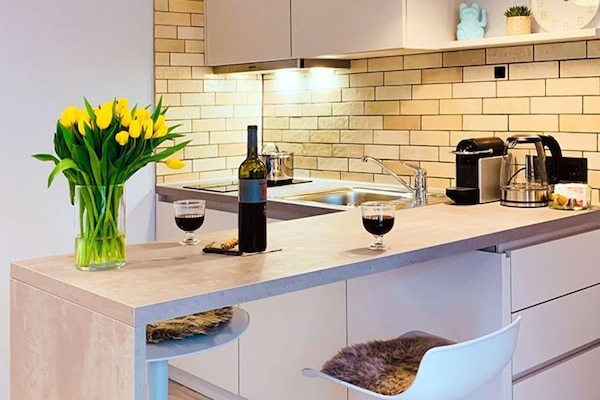 Smart Apartment Cashmere - Küchenzeile mit zwei Induktionskochfeldern, einer Spüle und Kühlschrank