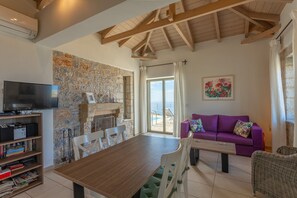 Télévision, cheminée, lecteur de DVD, livres