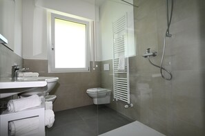 Shower, hair dryer, bidet, towels