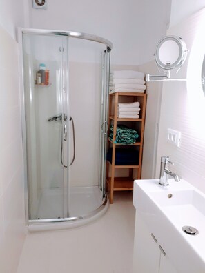 Shower, hair dryer, towels, soap