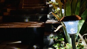 A nighttime outdoor area with a staircase, string lights, and a solar-powered lamp post. - Tranquil & clean 5-acre getaway (Grass Valley)
