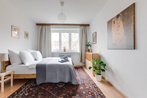 1 bedroom, desk, iron/ironing board, travel cot