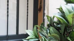 Una puerta negra con persianas verticales, una pequeña planta al frente y una pared de concreto.