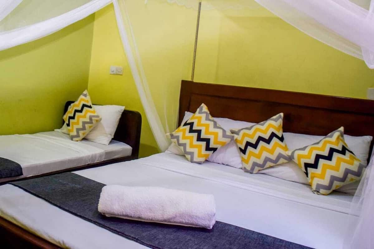 A room with two beds, each with a canopy and patterned pillows.