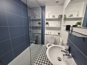 Shower, hair dryer, towels