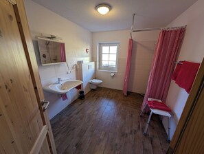 Chuveiro, secador de cabelo, toalhas de banho, papel higiênico