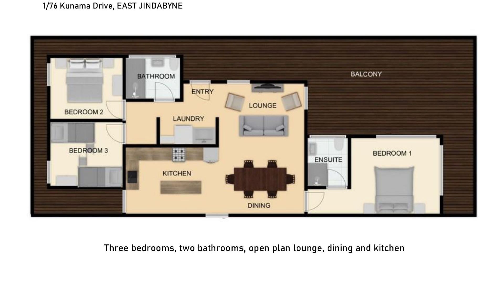 A floor plan of a property with three bedrooms, two bathrooms, an open plan lounge, dining area, and kitchen.