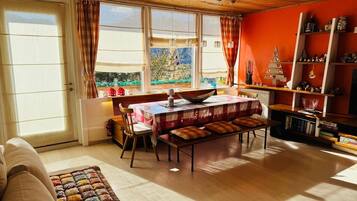 Smart TV, fireplace, DVD player, books