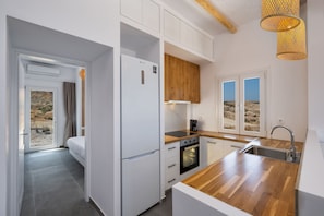 Fridge, microwave, oven, stovetop - Private Seafront Beach House with Jacuzzi- Sonus Mare I (Thira)
