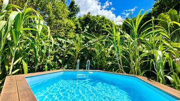 A rectangular pool with a wooden deck, surrounded by lush greenery and trees.