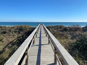 Una pasarela de madera que conduce a la playa, rodeada de vegetación.