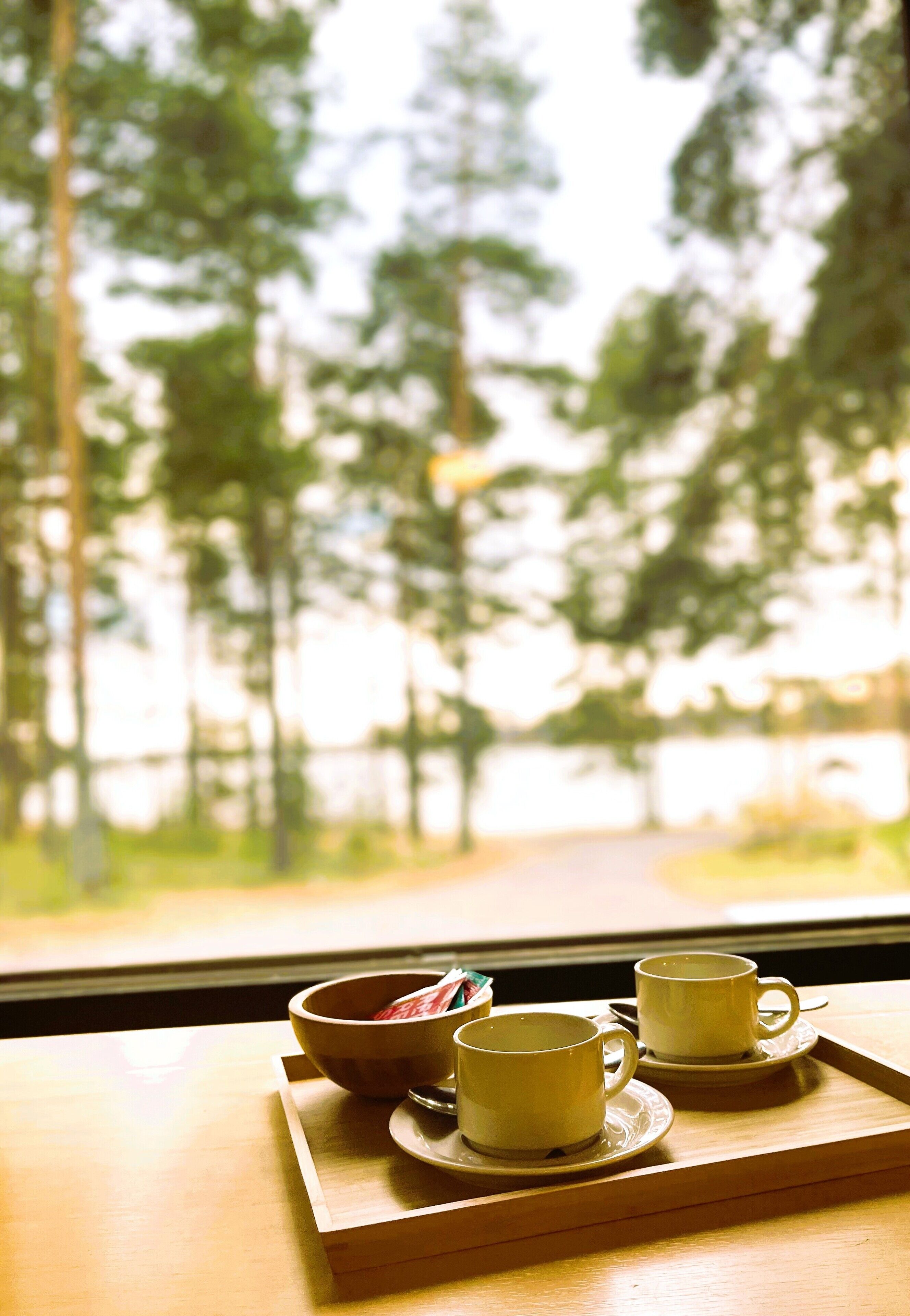 A tray with a bowl and two cups on a wooden table by a window with a forest view.
