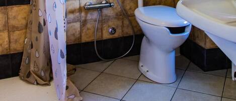 Ein Badezimmer mit Dusche, Toilette und Waschbecken.