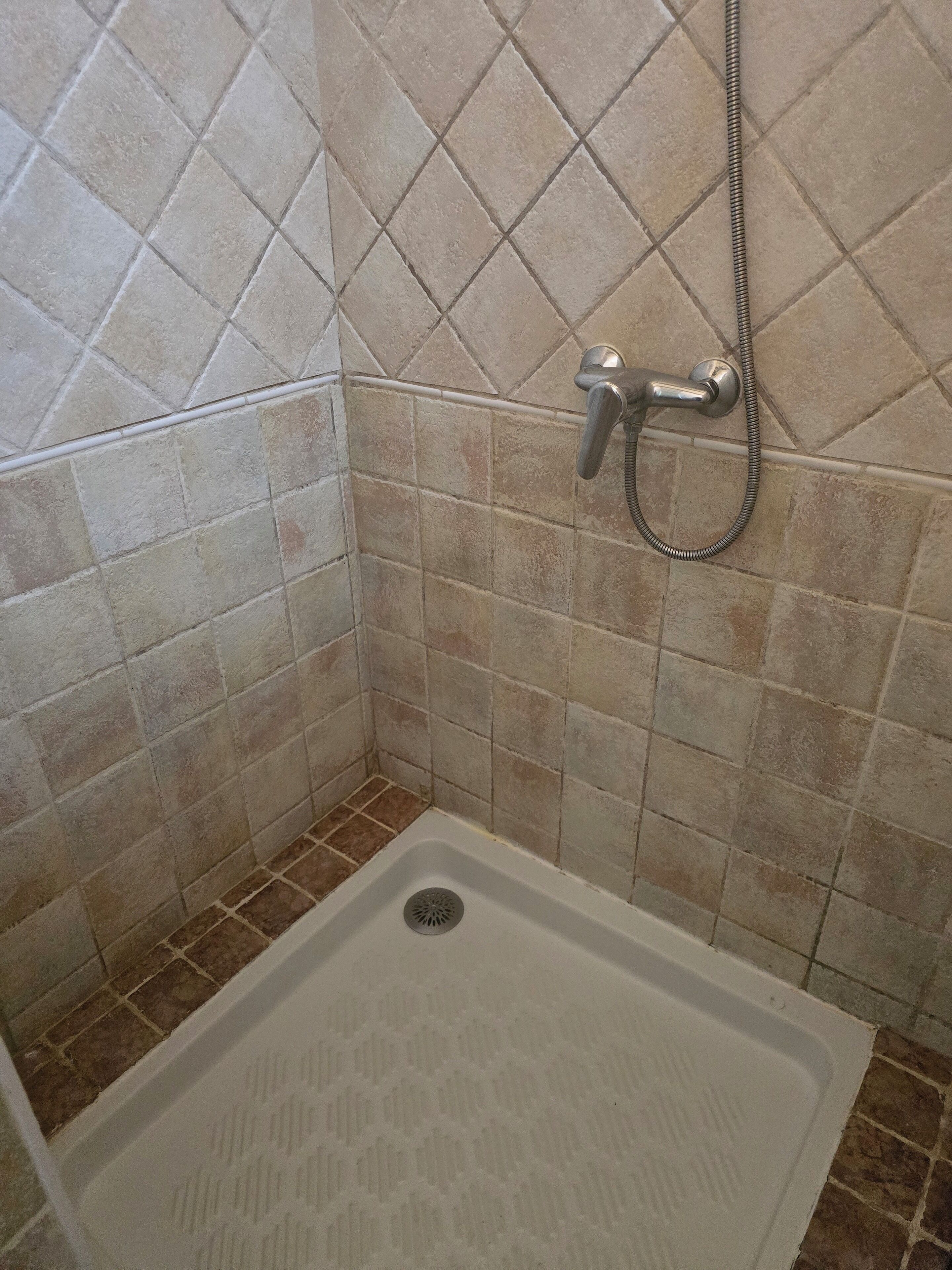 A shower area with a showerhead and hose, tiled walls, and a drain in the shower floor.