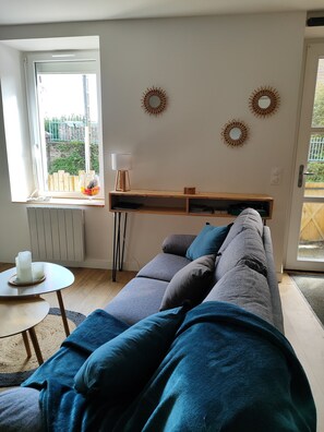 TV connectée, cheminée, livres