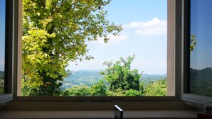 A window with a view of a green landscape and hills. - THERESA SULLA COLLINA (Passerano Marmorito)