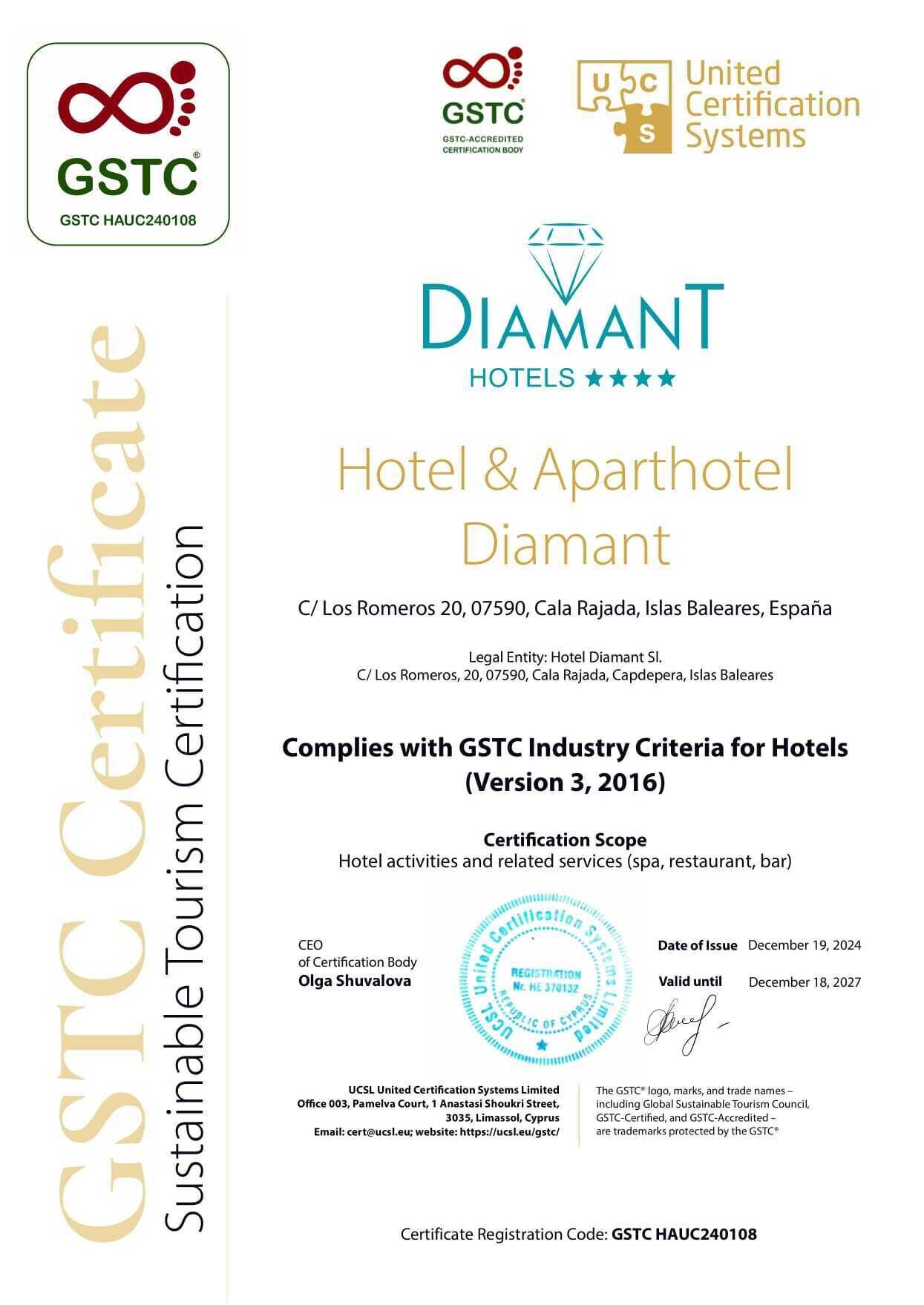 Certificat de sostenibilitat turística per a l'Hotel & Abarthotel Diamant.