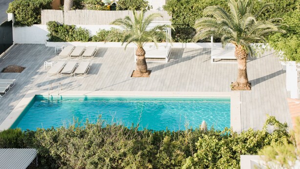 A rooftop pool with lounge chairs and palm trees. - Diamant Hotel y Aparthotel (Capdepera)