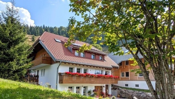 A two-story house with a sloped roof, wooden balconies with red flowers, and a stone wall. - Feel-good apartment TANNE (Sankt Blasien)