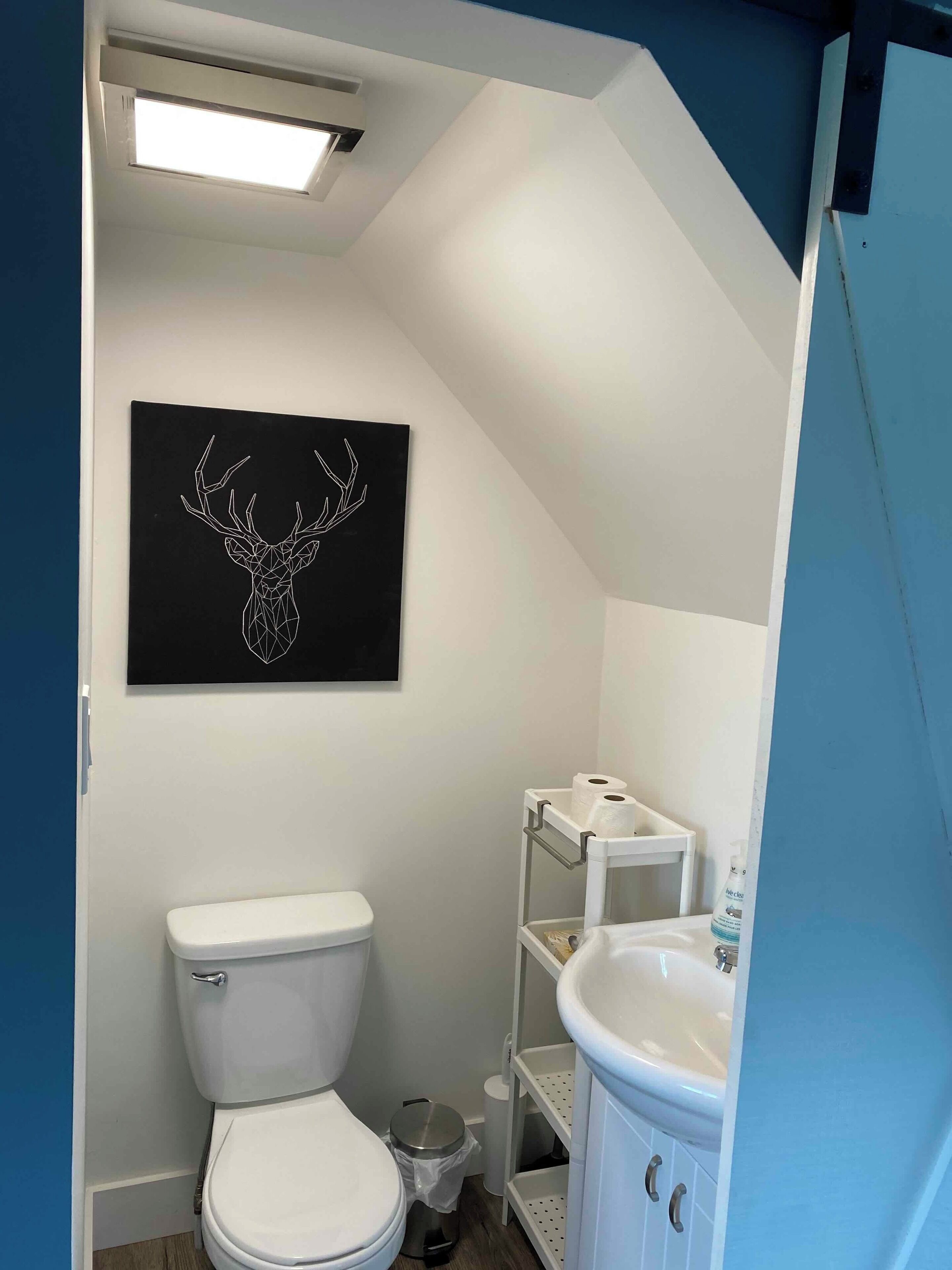 A small, modern bathroom with a white toilet, a sink, and a shelf with toiletries.