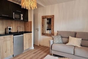 A compact living space with a kitchenette, a sofa, and a wooden-framed mirror.