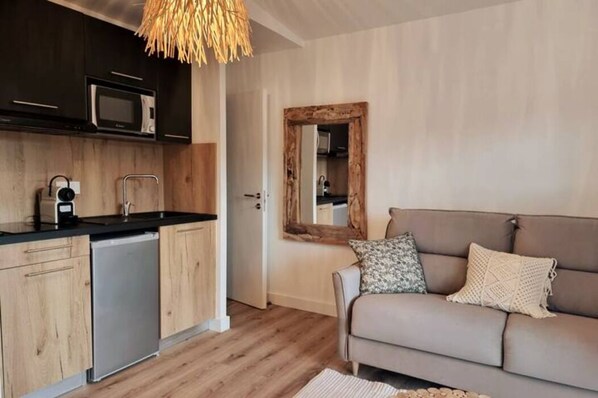 A compact living space with a kitchenette, a sofa, and a wooden-framed mirror.