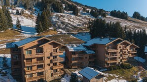 Un chalet en bois à plusieurs étages, doté de balcons, situé dans une région montagneuse enneigée.