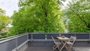 A wooden deck with a table and chairs, surrounded by a metal railing and trees. - Ferienwohnung in Husum (Husum)