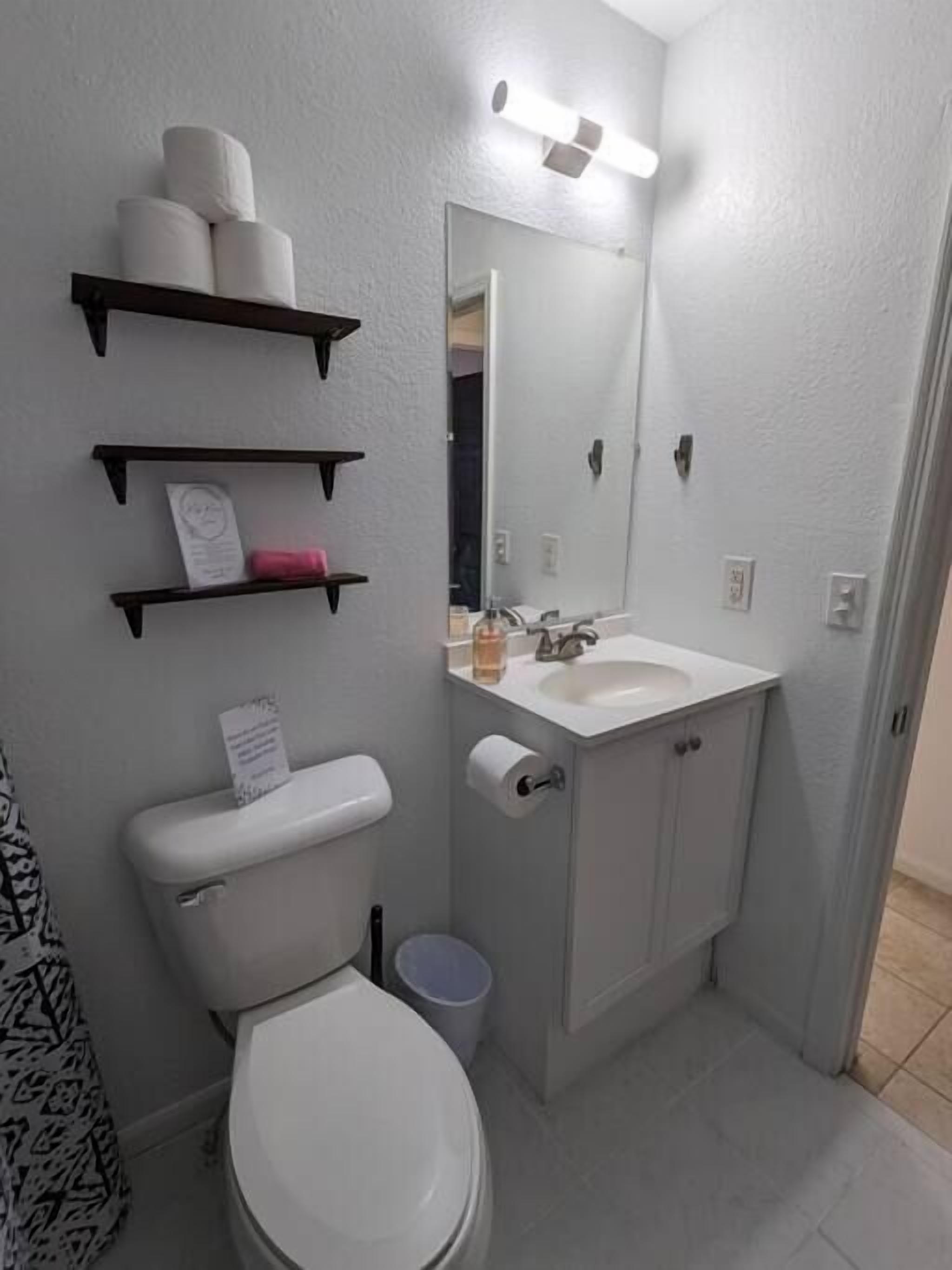 A bathroom with a toilet, a sink, and a mirror. There are shelves above the toilet holding toilet paper and a pink towel.