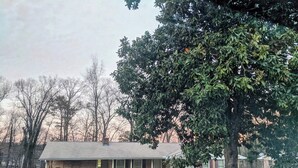A two-story house with a front porch, a driveway, and a large tree in the foreground. - Freshly Renovated Douglasville Home (Douglasville)