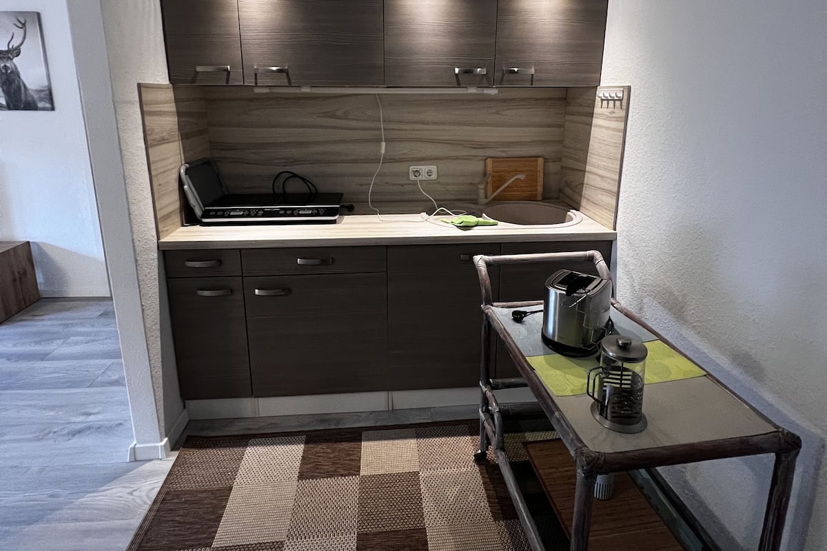 Ferienwohnung mit Blick auf die Berge | Cocina privada | Frigobar y tetera eléctrica