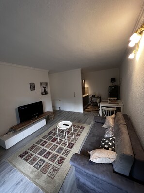 Ferienwohnung mit Blick auf die Berge | Living area | 35-inch flat-screen TV with cable channels, TV - Ferienwohnungen & Doppelzimmer Naturblick im Herzen von Bad Harzburg (Bad Harzburg)