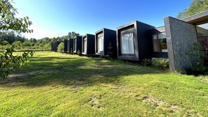 A row of modern, dark-colored cabins with large windows, set in a grassy area with trees in the background. - Mawün Lodge (Villarrica)
