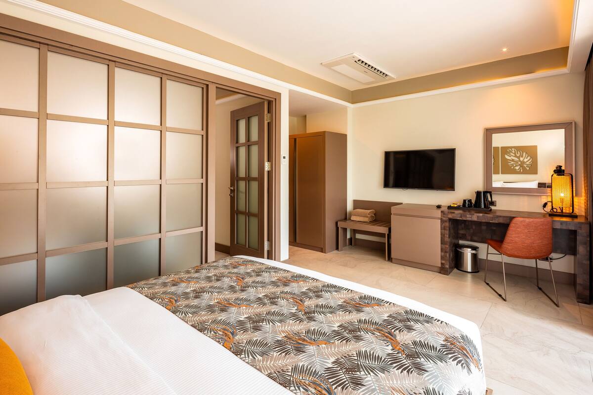 A hotel room with a bed, a desk, a chair, a television, and a wardrobe.